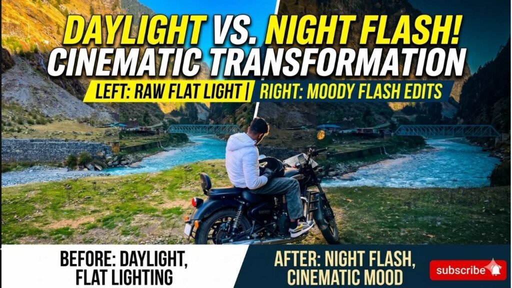Gemini AI photo editing prompt result showing cinematic night flash rim light effect on travel photo